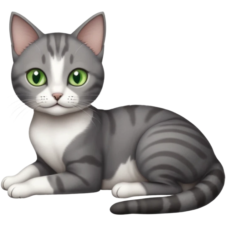full body tiny short hair dark grey and white cat with white front legs and green  eyes lying down emoji