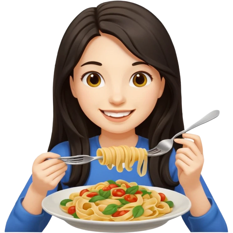 chica joven con piel clara y pelo oscuro largo comiendo un plato de pasta que parezca un emoji de iphone (sistema ios) emoji