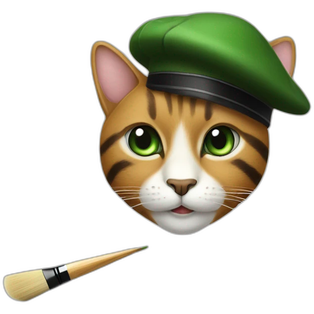 Brown cat with black stripes and white mustache and the contour of the white mouth and green eyes with a brush pencil and a black beret emoji