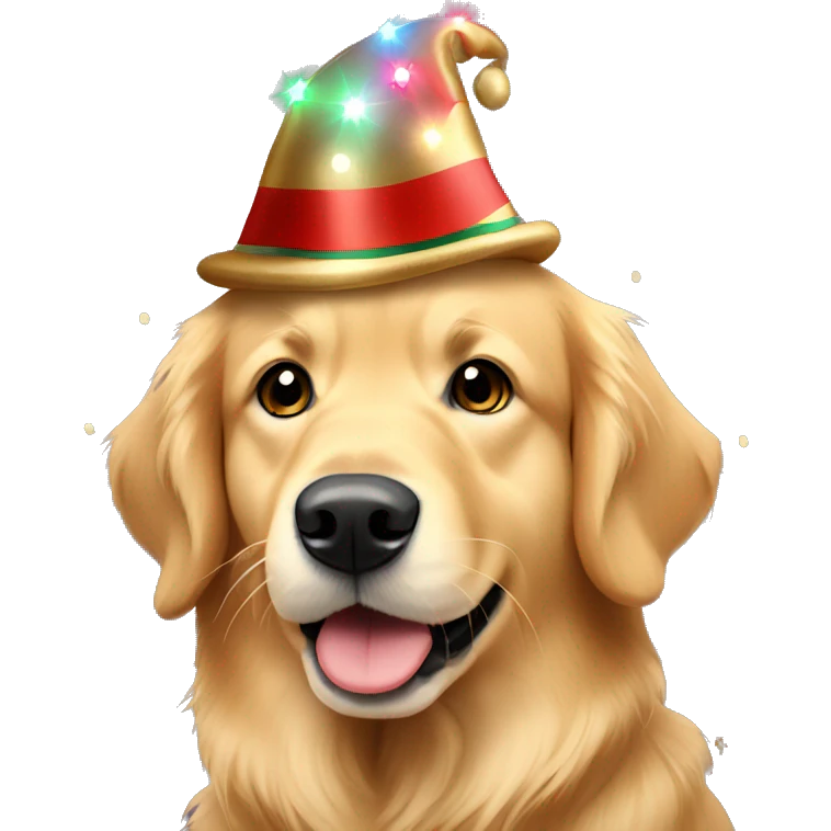 Golden retriever with Christmas lights and hat emoji