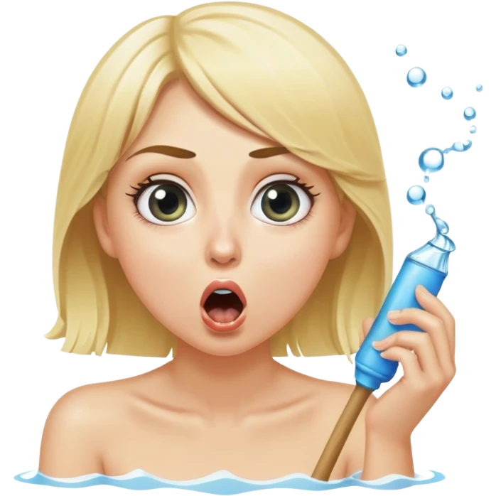 blond woman sitting on her knees with wide eyes, she's holding a thick short stick with a big knob, the stick is made of skin, water squirting from the knob into her mouth, shocked face emoji