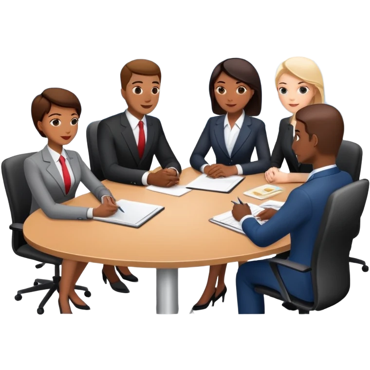 diverse team in business attire discussing at a meeting table emoji