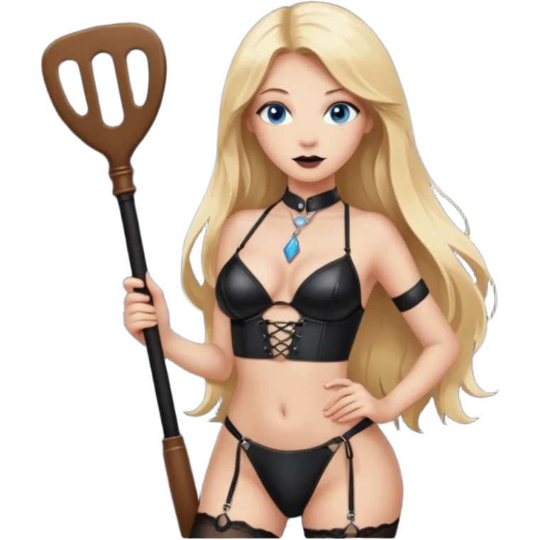Long blonde hair blue eyes in black lingerie with stockings a key around her neck and a dominatrix paddle emoji