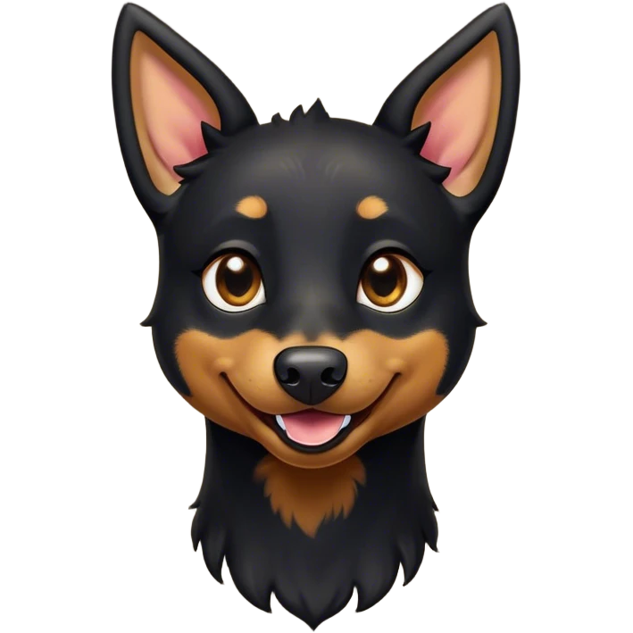 Cinematic Comical Black and Tan Kelpie Portrait Emoji, Head tilted dramatically with an exaggeratedly amused expression, featuring a striking black Fur with bold tan patches, wide, expressive dark eyes filled with playful disbelief, Simplified yet hilariously expressive features, highly detailed, glowing with a slightly sassy glow, high shine, dramatic yet playful, stylized with an air of cheeky mischief, bright and endearing, soft glowing outline, capturing the essence of a spirited and over-the-top herder, so meme-worthy it feels like it could side-eye its way into internet fame instantly! emoji