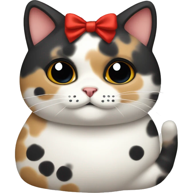 Chubby Calico cat with black spots wearing a red ribbon around its neck  emoji