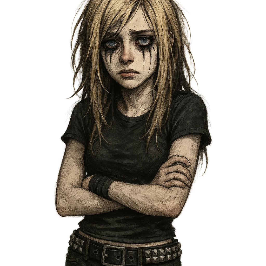 depressives Emo Mädchen, blond, blaue Augen, mit Nietengürtel, Emo-Stil, detailed, expressive, digital art emoji