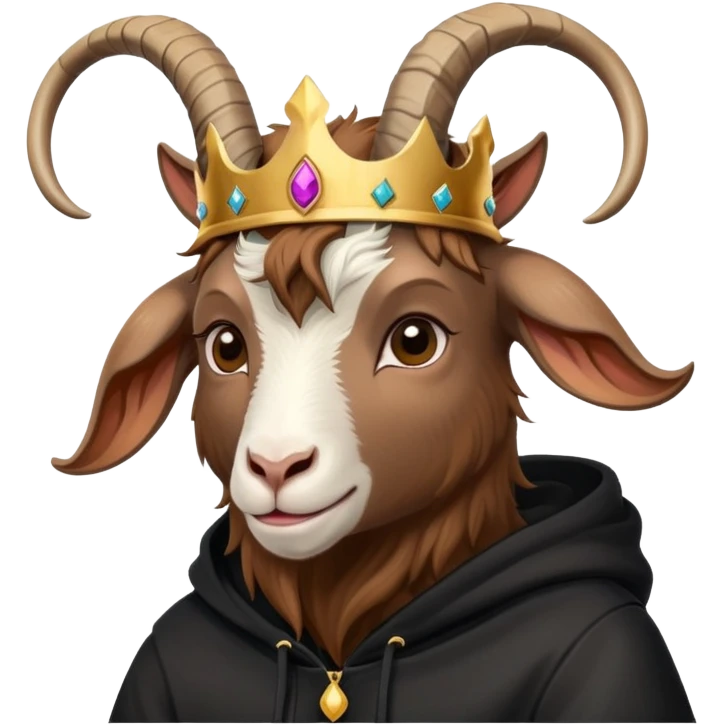 Goat with horns wearing black hoodie and a royal crown love emoji