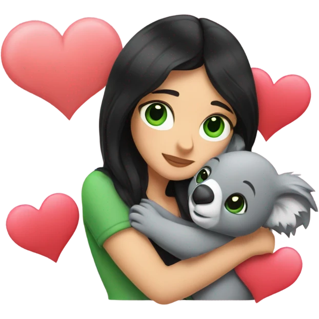 black hair with green eyes women holding and hugging a koala with hearts around them  emoji