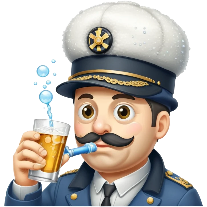 A very drunk locomotive train wearing a tilted ushanka hat, with crossed eyes, hiccuping vodka bubbles, spilling drink emoji