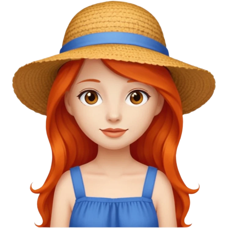 girl_wearing_summer_hat, red orrange long hair, blue dress emoji