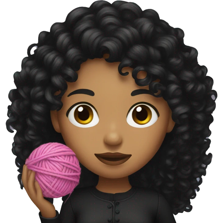 woman with long black curly hair holding one ball of yarn wearing black clothes emoji