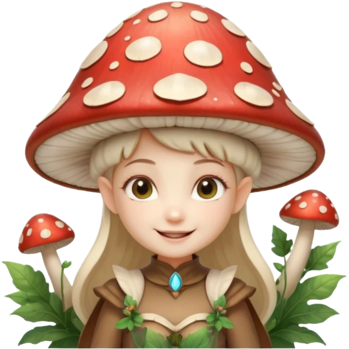 mushroom fairy portrait, head and shoulders only, wearing a large mushroom cap hat, tiny glowing wings visible behind shoulders, cute magical smile, forest fantasy vibe, 3D cartoon, mobile game icon style, clean background, no text, no watermark

 emoji
