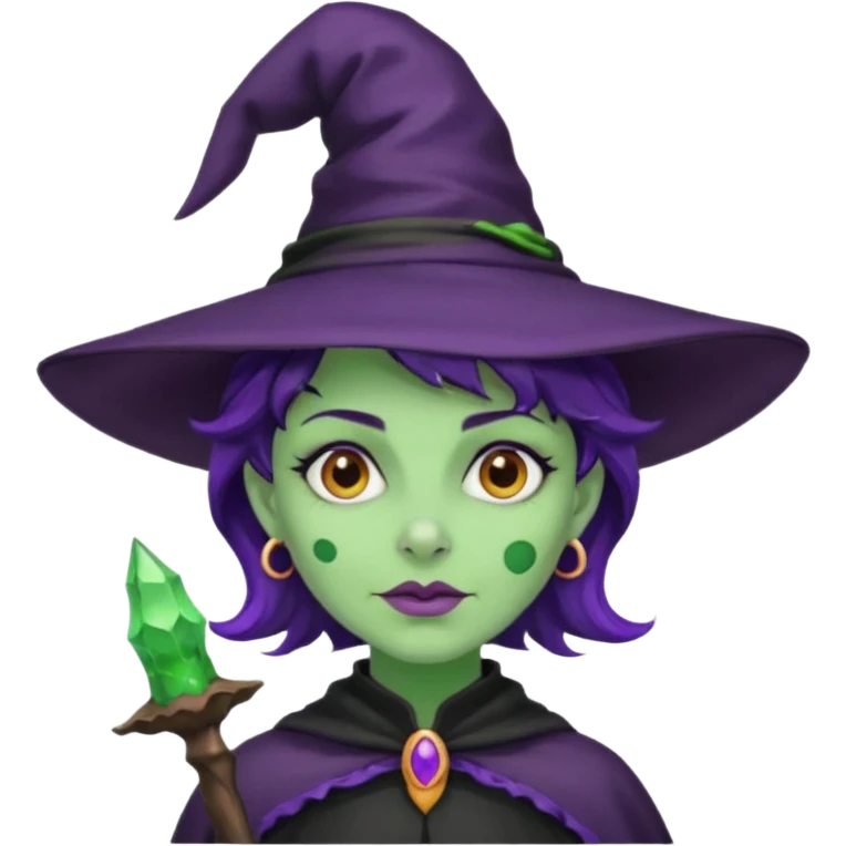Halloween witch with purple witch hat and black short wavy witch hair
, green skin. emoji