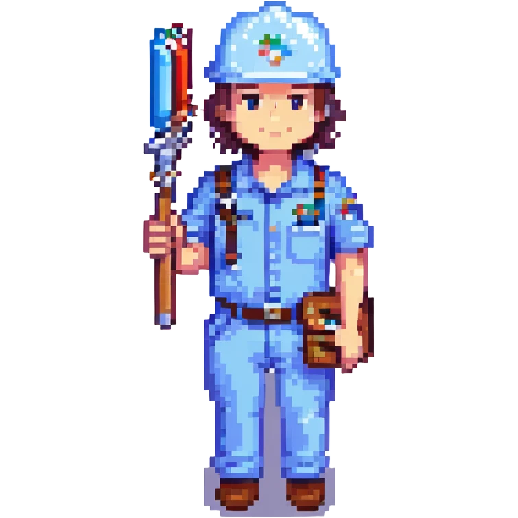 air conditioning technician holding tools, friendly, modern uniform, pixel art style emoji