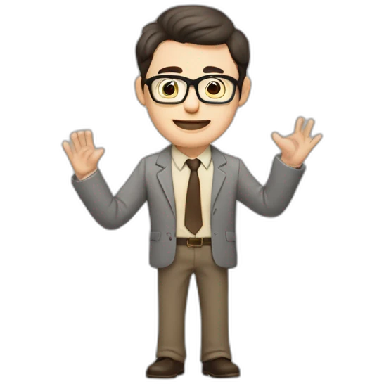 To belt Actively gesturing with hands Pale skinned fit man teacher with dark brown hair in gray jacket, beige office shirt, brown tie, brown pants and vintage glasses. emoji