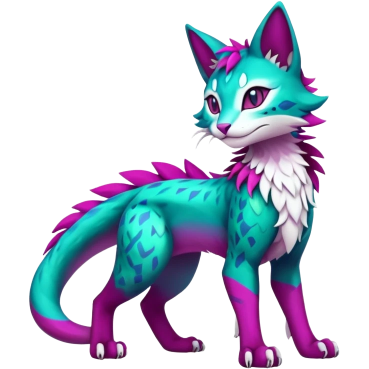 Kawaii cute colorful iridescent dark-turquoise-green and magenta and white beautiful pretty elegant divine edgy feline-vernid-sergal-Fakémon-Pokémon-fursona-animal-creature with accessories, full body, with intricate detailed markings emoji
