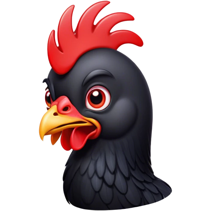 Cinematic Comical Black Chicken Portrait Emoji, Head tilted dramatically with an exaggeratedly amused expression, featuring a sleek, glossy black plumage with a bold red comb, wide, expressive beady eyes filled with playful disbelief, Simplified yet hilariously expressive features, highly detailed, glowing with a slightly sassy glow, high shine, dramatic yet playful, stylized with an air of cheeky mischief, bright and endearing, soft glowing outline, capturing the essence of a spirited and over-the-top chicken, so meme-worthy it feels like it could cluck its way into internet fame instantly! emoji