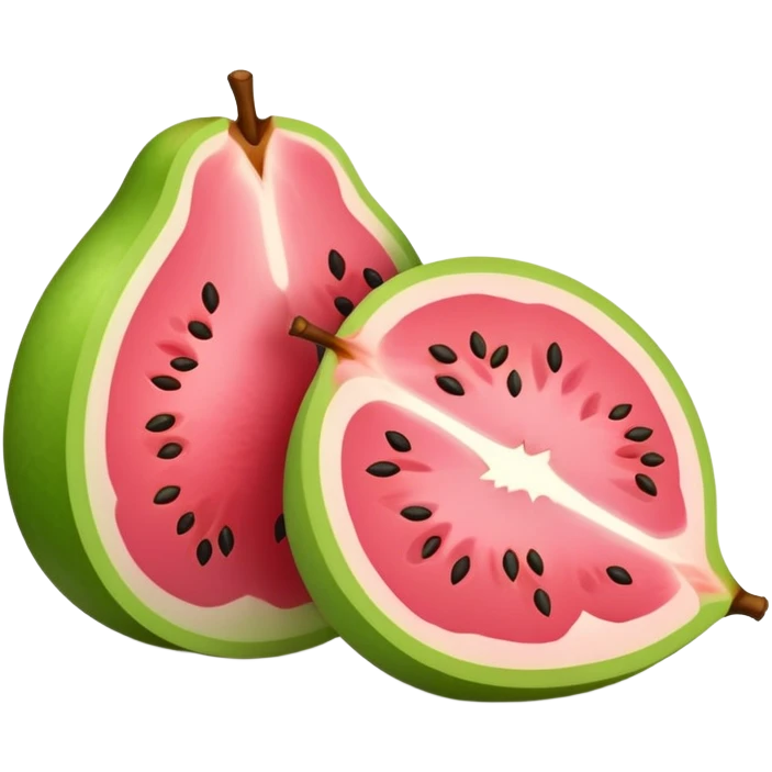 Sliced guava showing pink flesh and small seeds inside emoji