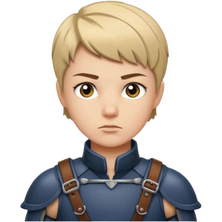 A young legionnaire with short hair, leather straps, and determined focused eyes.
 emoji