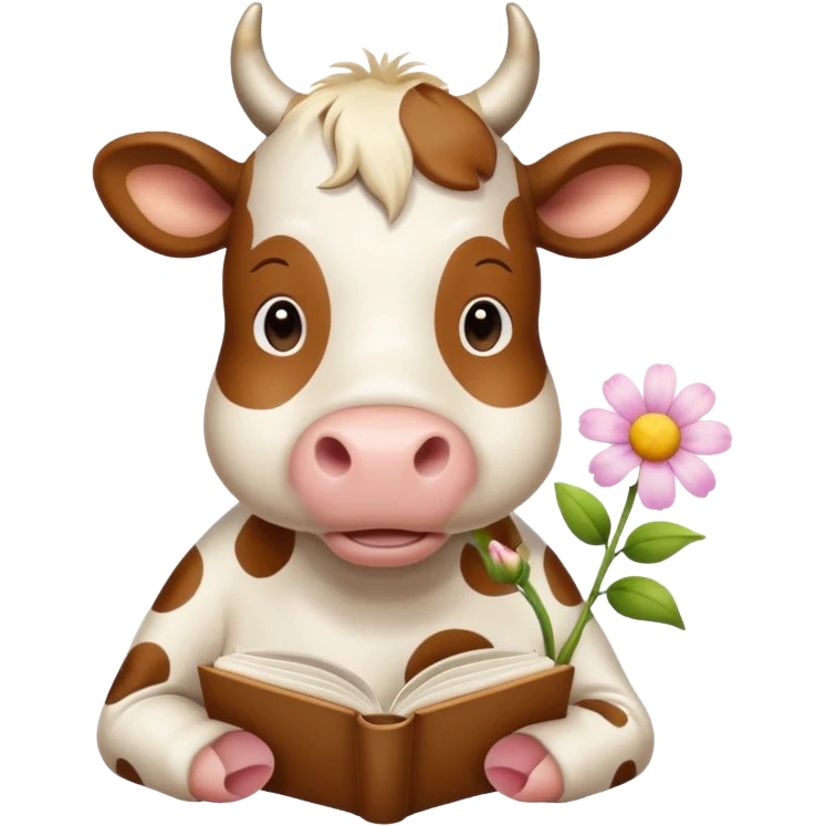 Beige Cow + books + flower  emoji