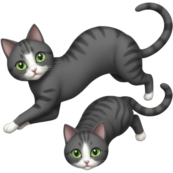 dark grey cat with green eyes, white toes/paws and white patch on her chest playfully rolling upside down emoji
