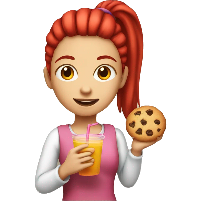 Girl with a red ponytail holding a cookie and juice emoji