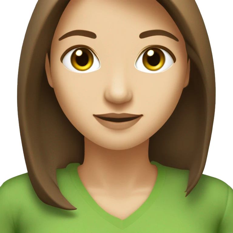 pretty 40 year old woman with grass green eyes and shoulder length straight brown hair parted in the middle works in software product management emoji
