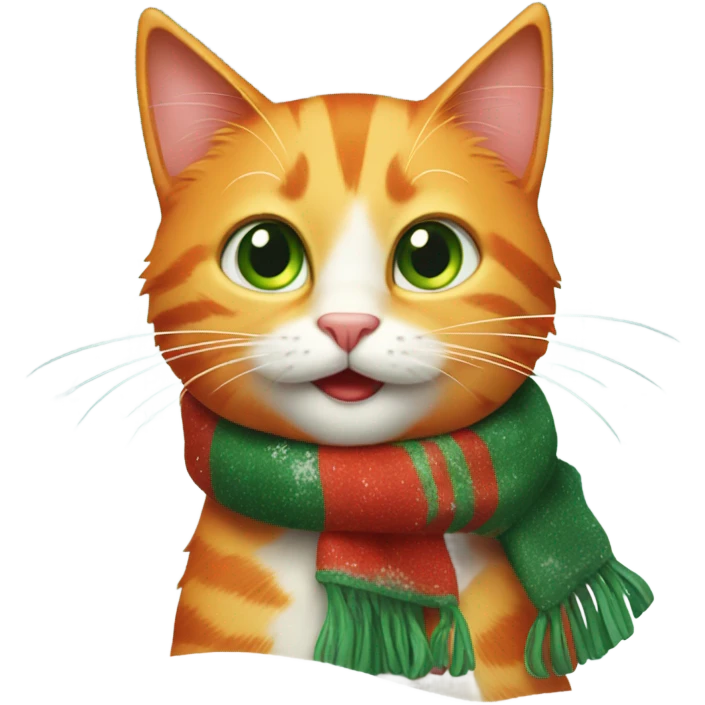 Happy orange cat with green and red scarf in the snow emoji