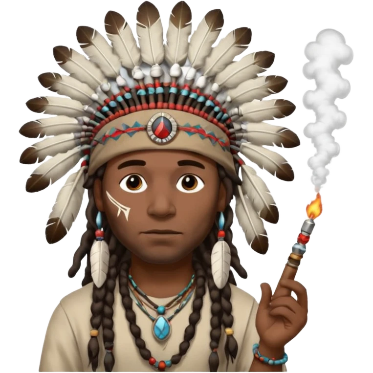 Black American man dark brown with dreads with a American Indian headdress with a peace pipe blowing smoke  emoji