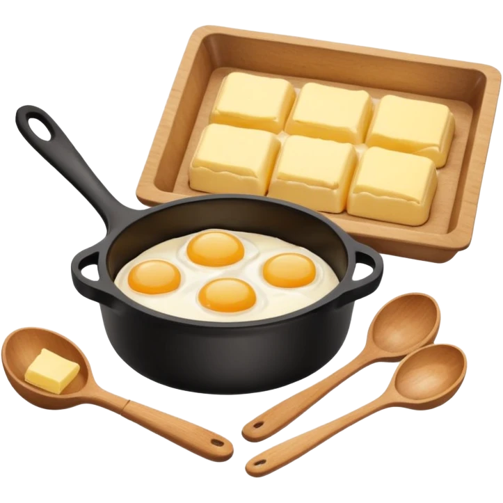 A carton of eggs, butter and a cream ceramic baking bowl with a wooden spoon in it emoji