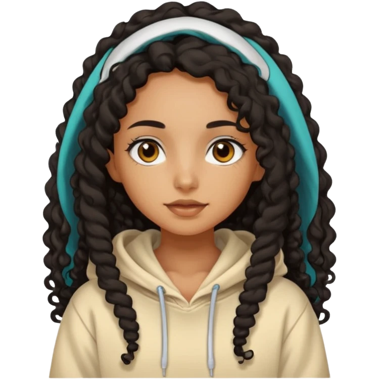 Tan skin girl with black very long curly hair, brown eyes, vanilla colored hoodie emoji
