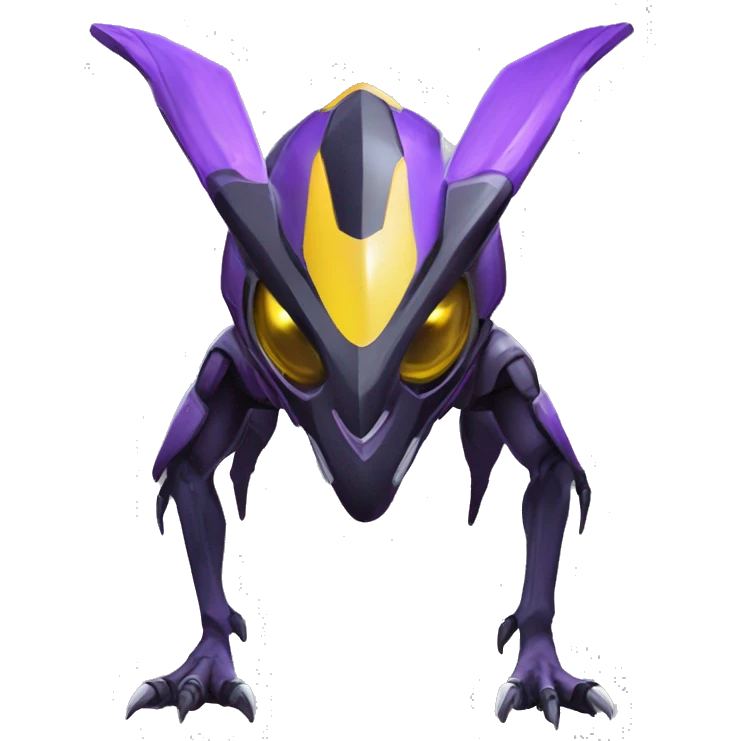a shiny black-purple-yellow Genesect-Raptor-Fakémon—hybrid with a futuristic visor-helmet full bod emoji