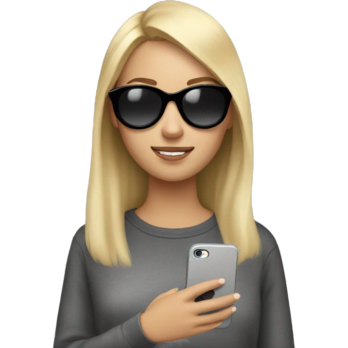 A girl with blonde hair, wearing round black sunglasses and a gray sweatshirt holds an iPhone in her hands emoji