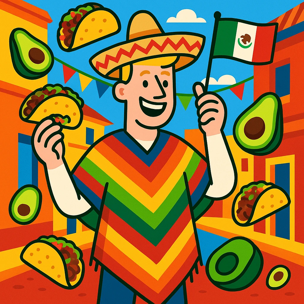 festive Cinco de Mayo cartoon of a tall white American with blonde hair, smiling, wearing a colorful poncho, holding a taco and an avocado, waving a Mexico flag, surrounded by tacos and avocados, on a lively street background, bright and bold colors emoji