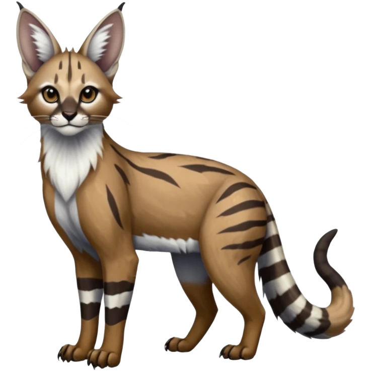 Realistic patterned marked edgy greyish blackish whitish silvery coppery Shiny Colorful Glossy Genet-Caracal-Lion-Bobcat-fusion-animal-hybrid-creature, full body, big-tufted-bat-ears, long-thin-tufted-white-tipped-tail emoji