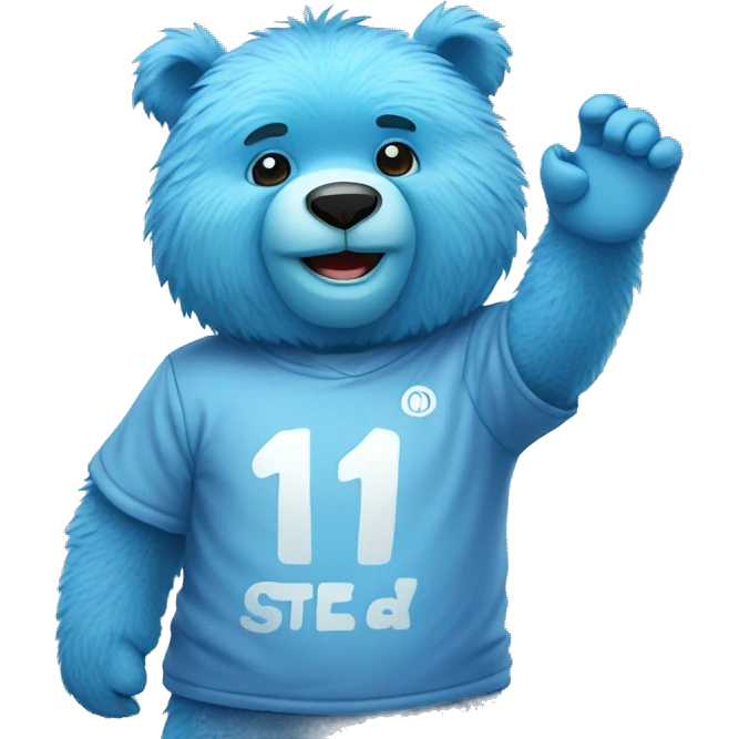 Blue fuzzy bear wearing a cool shirt and saying hi and waving  emoji
