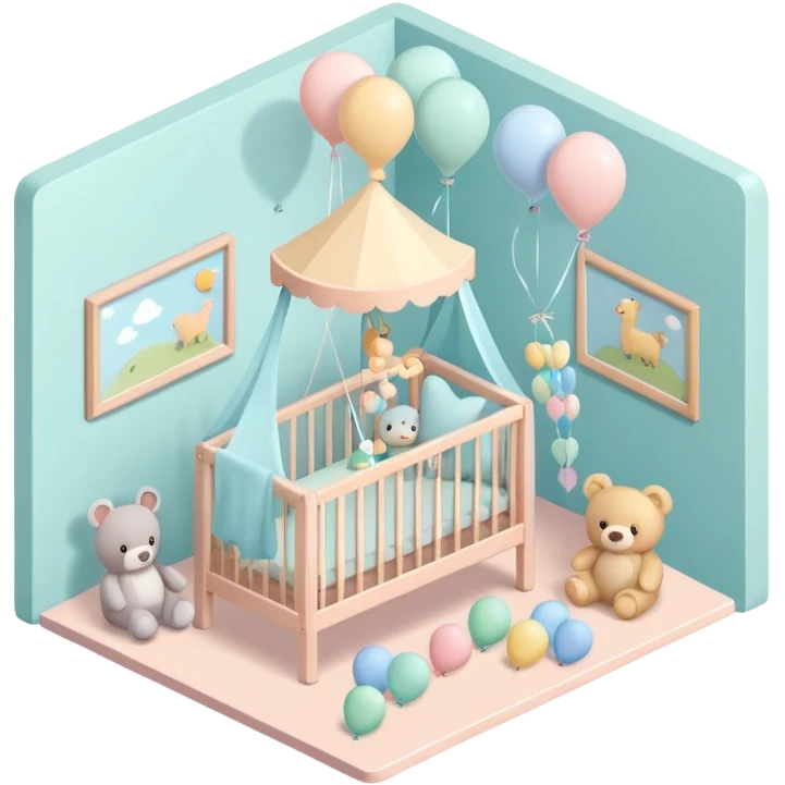 isometric baby room, Nursery with pastel walls and hanging mobile emoji