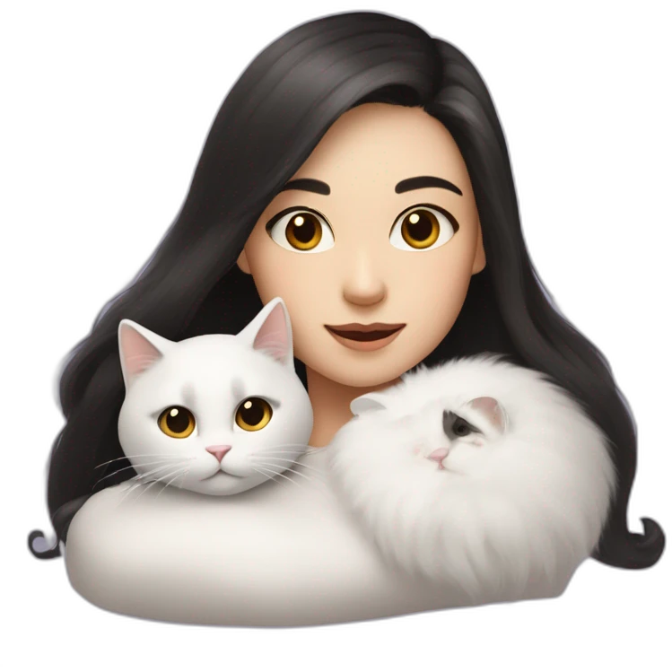A girl with long dark hair and a white fluffy cat is lying on her left shoulder and neck emoji