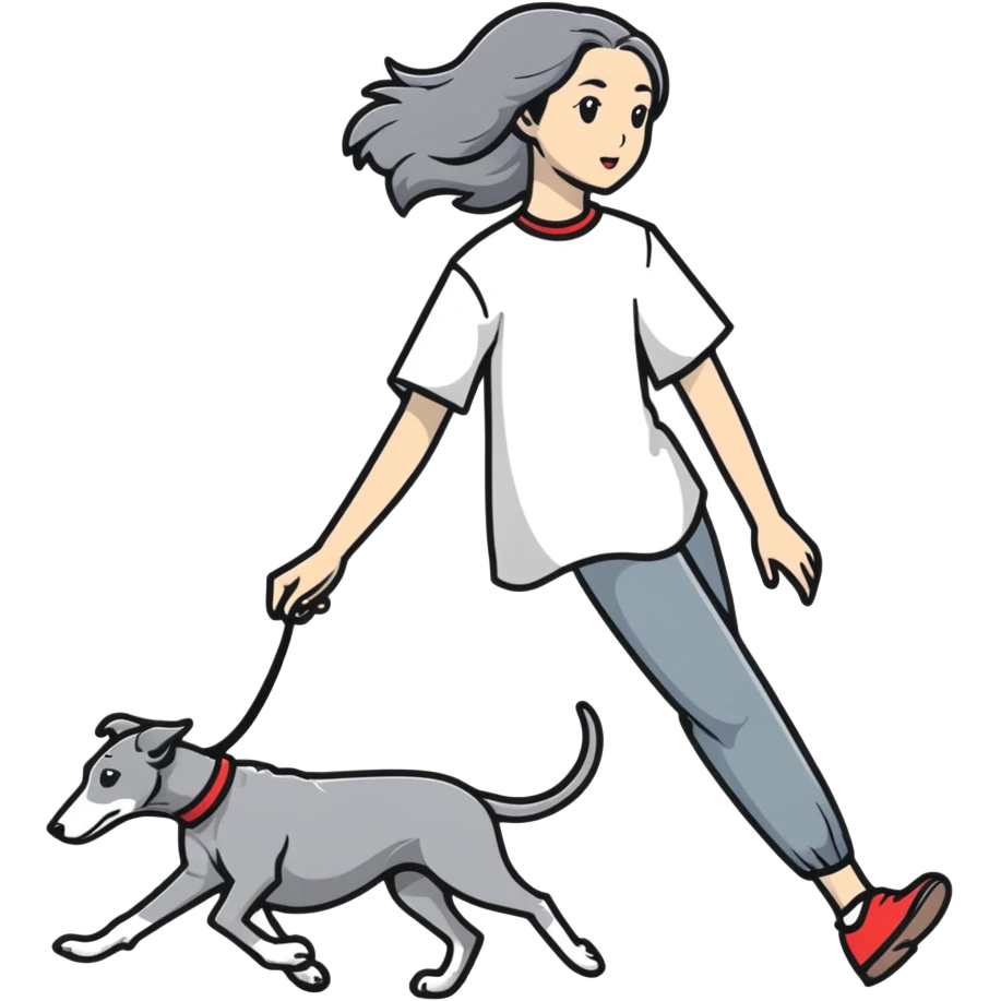 Japanese girl with flowing hair walking a solid grey greyhound with no white markings emoji
