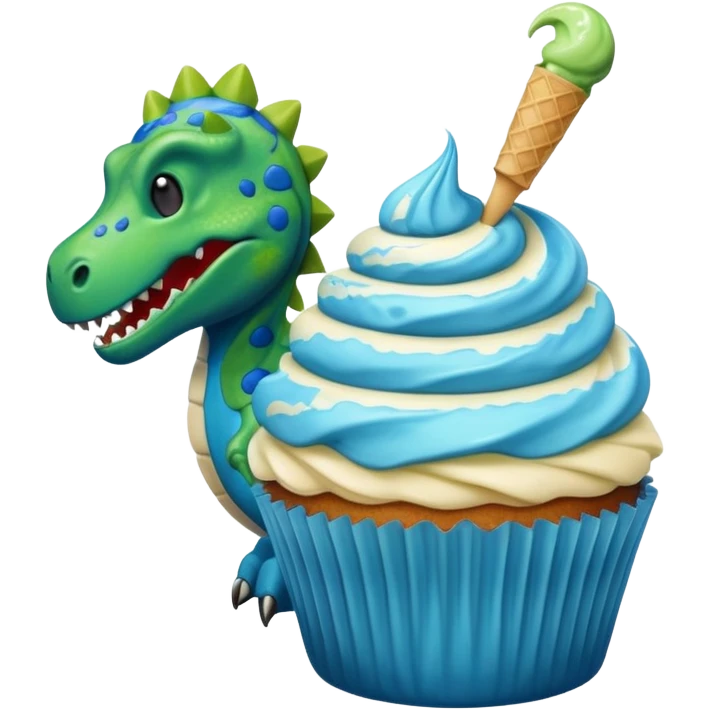 A cupcake having blue and black icing and a dinosaur as a decoration and ice cream next to it emoji