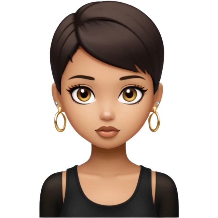 generate a pretty bratz girl in black cami top, dark brown straight short hair, eyeliner on. dark brown eyes. Wearing a white sleeveless turtleneck, gold stud earrings emoji