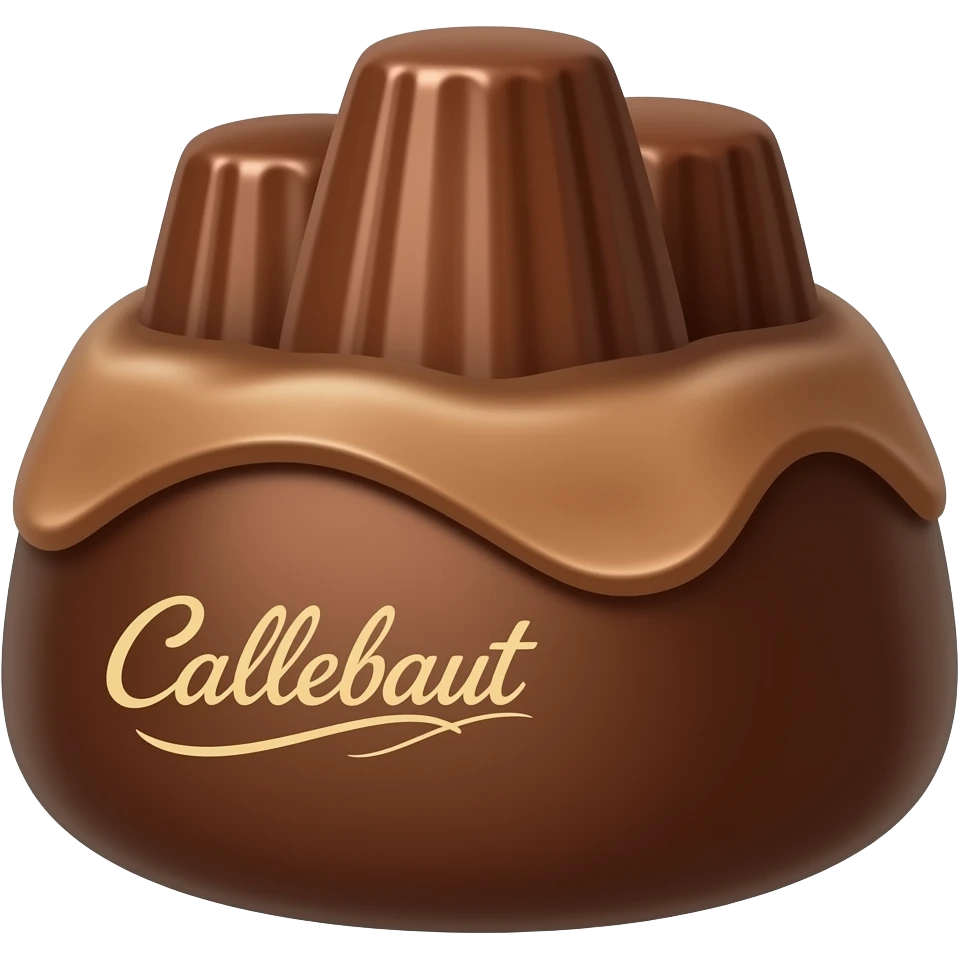 A brown bag of chocolate with the word "callebaut" written on it. Three round  chocolate callets are lying in the foreground. emoji