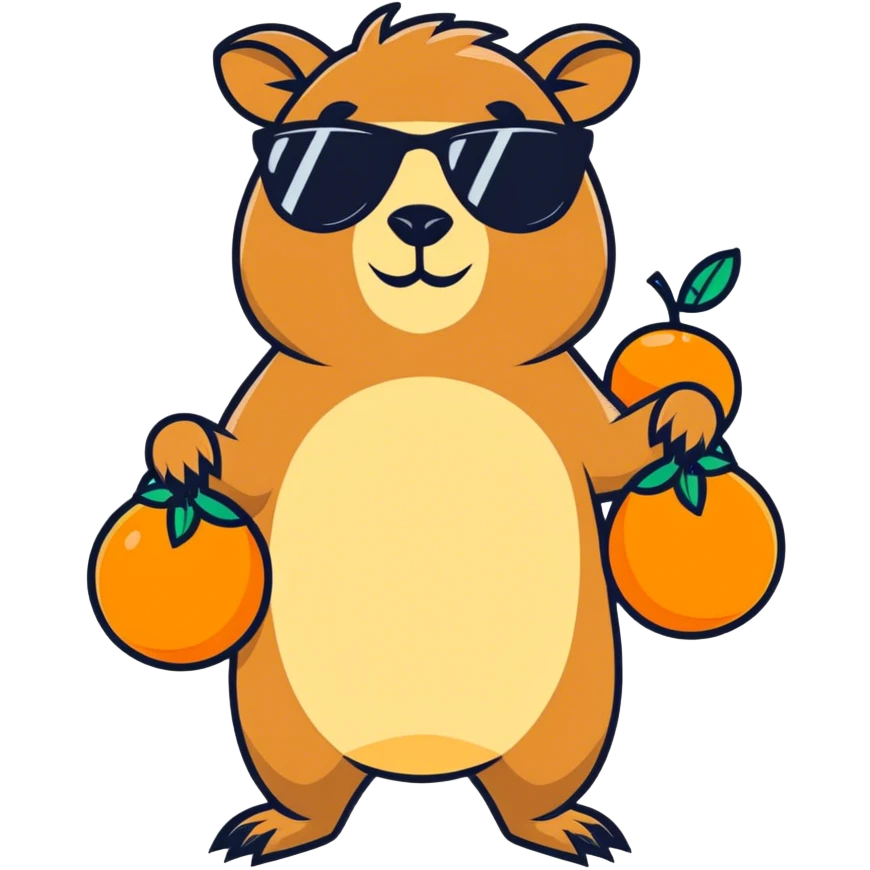 Capibara con gafas de sol y unas naranjas en la mano emoji