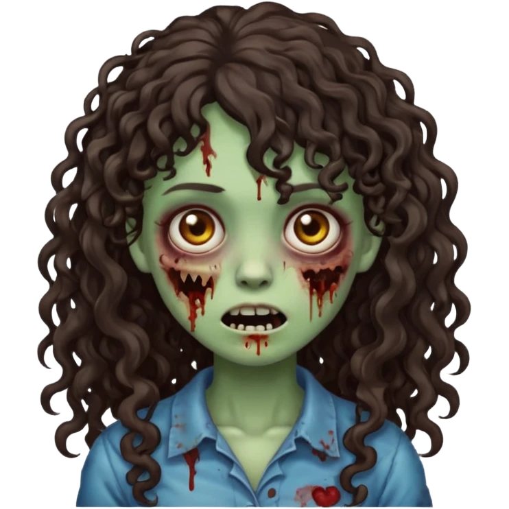 Emoji garota zombie com cabelo castanho escuro cacheado longo com franja cacheada emoji