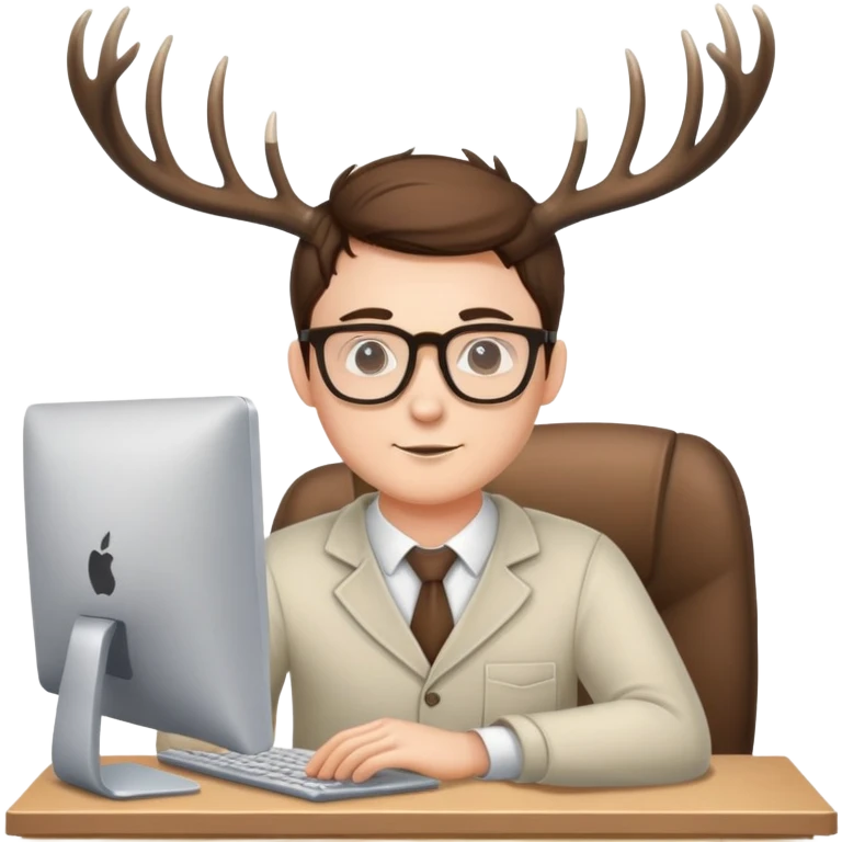 Guy works at computer with deers antlers  emoji
