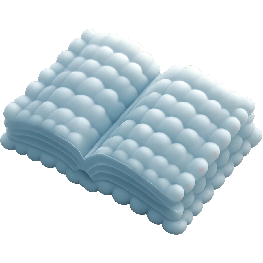 thick open book viewed from above, made entirely of small very bright white fluffy convex clouds, matte glass style emoji