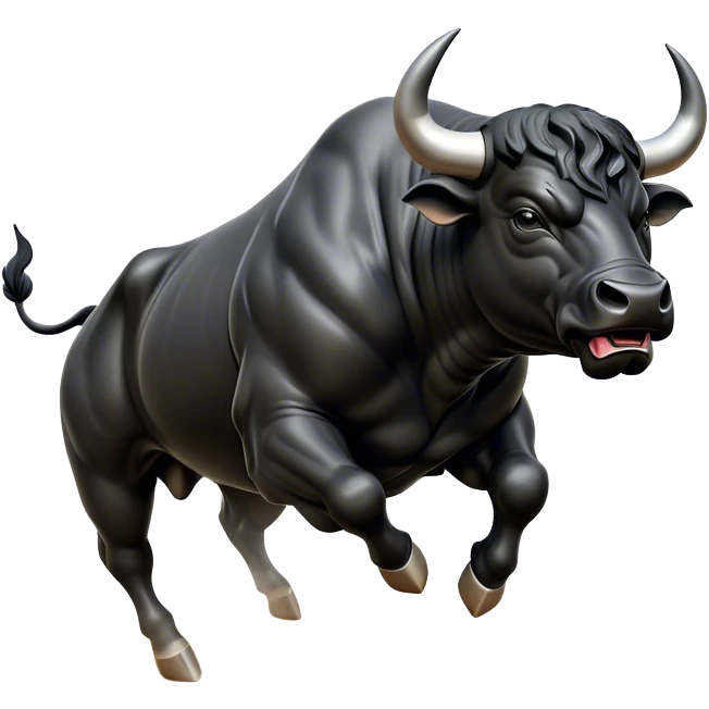 ​Cinematic Realistic Black Charging Bull, depicted in mid-charge with a powerful, muscular form and glossy black hide glistening under dynamic dramatic lighting, dust and motion captured mid-air to exude raw strength and unbridled energy on an expansive arena, emoji