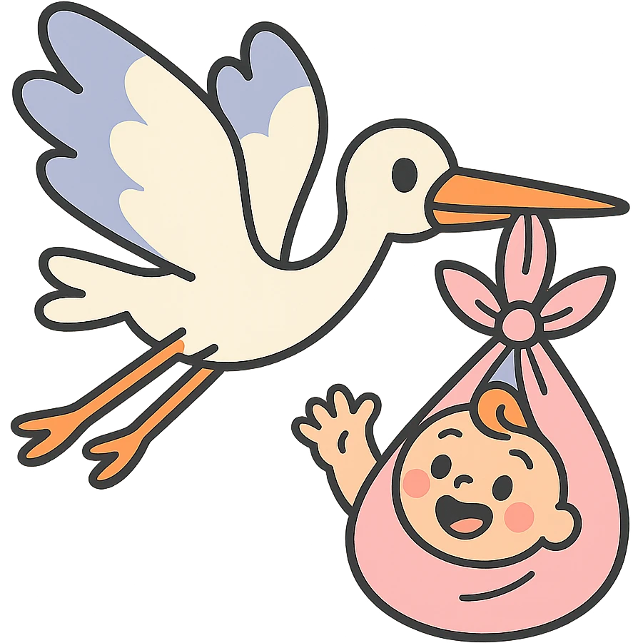 stork flying with a human baby in a bundle, pastel toon style emoji