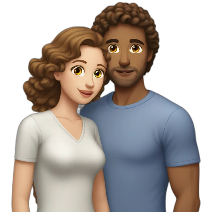 A 1m52 white woman with straight, shoulder-length brown hair kissing a 1m80 tanned man with curly brown hair emoji