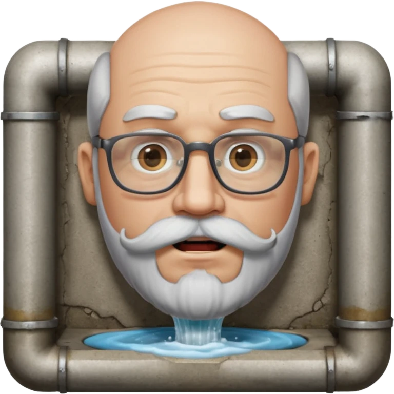 50 year old bearded and moustached white male wearing glasses with an open mouth. His mouth has been cast into a square frame made of concrete connected to a drain pipe. He is proud and thinks his right, while being slightly angry because the joke is on him. emoji